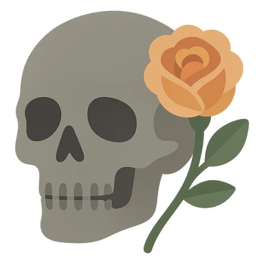 A dark, light grey skull with sharp, angular features and a mysterious, haunting aura, featuring a rose delicately placed in one of its hollow eye sockets. The skull is in shades of grey, accented with soft tones of golden orange (FA9B41), forest green (4A7C5C), muted taupe brown (96775A), and pastel peach (FFCC9A). The rose, vibrant in its peach and orange hues, contrasts with the cold, eerie grey of the skull, its petals unfurling gently around the eye socket. The background is dim and shadowy, with a faint, mystical glow illuminating the skull and rose, adding to the gothic and slightly surreal atmosphere. The scene feels both haunting and beautiful, with a touch of elegance. sticker