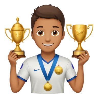 Happy light soccer player with a first-place medal and a trophy
 sticker