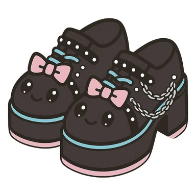 Add silver studs and chains to the primarily black kawaii gothic shoes with pink and pastel accents, no socks, no hearts, transparent background sticker