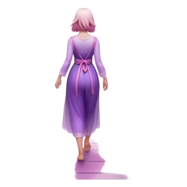 A small figure walks back across a foggy bridge, holding soft pink and purple orbs in each hand—symbolizing compassion and forgiveness. A gentle heart aura trails behind them, showing healing in motion. sticker