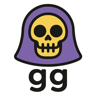 grim reaper head with 'gg' text, color outline icon style, more cartoonish sticker