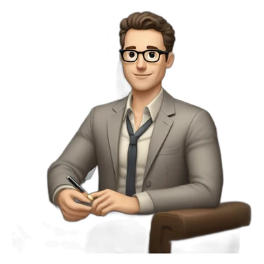 Pale skinned Fit Man With dark brown hair in gray jacket, beige office shirt, Brown pants and vintage glasses sitting In a soft chair with a notebook with emblem Ψ and a pen in his hands sticker