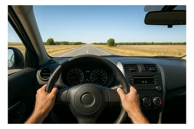 POV from driver’s seat, hands on steering wheel, open road ahead, car interior details sticker