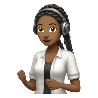 Medium tone women with braids wear a white shirt and cardigan wearing headphones listening to music sticker
