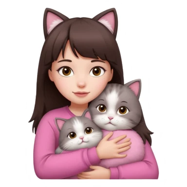 a cute white girl with bangs and straight dark brown hair, brown eye, light makeup wear a pink clothes hugs a cute chubby cat sticker