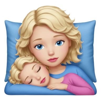 Girl Blonde short wavy hair,  blue eyes, cute blue top, long lashes, pink lips, sleeping sticker