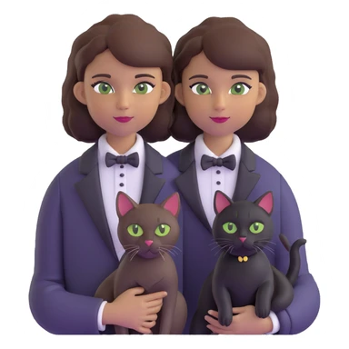 brown haired girl with light tan skin and brown eyes holding a black Bombay cat with green eyes and a black and white Tuxedo cat with hazel eyes sticker