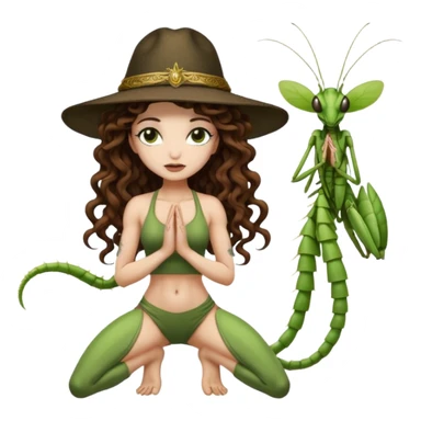 full body woman long curly brown hair brown eyes white skin tattoos muscular build praying mantis hat couture sticker