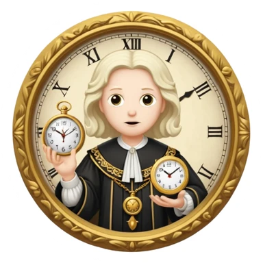 a 1600s judge with a hurried expression holding a clock that ticks VERY FAST  sticker