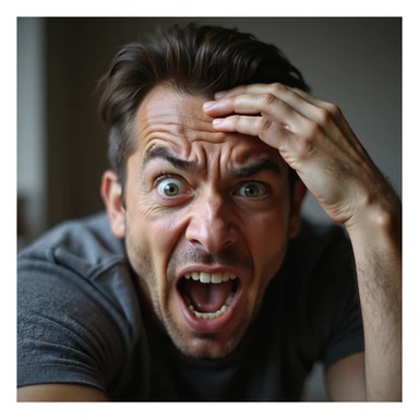 Hyperrealistic 4K image of a man simulating pain to attract attention, exaggerated theatrical expression, hand on forehead, eyes looking at the viewer, domestic environment, highly detailed. sticker