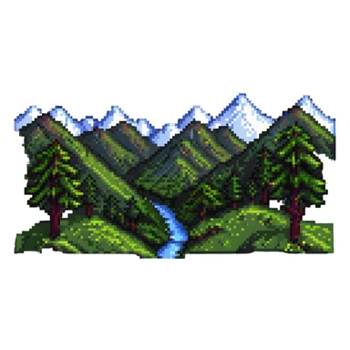 a pixel art valley with mountains and trees sticker