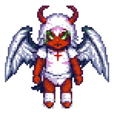 Pixel art depiction of a half demon, half angel character, with one side light and the other dark, each with their respective features, pixel art style sticker
