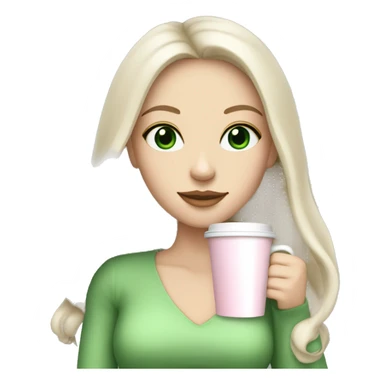 white girl with very long black hair and green eyes and light pink outfit drinking a latte sticker