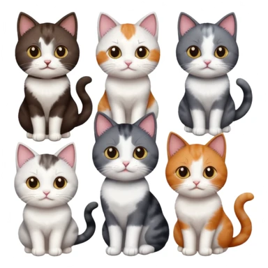 5 different coloured short haired cats including; a dark brown and white cat, and a dark grey and white, and a calico sticker