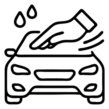 outlined icon of an elegant hand wearing a white glove on the hood of a high-end car, with water drops or shine, main color black, silver or white details, smooth motion lines suggesting cleaning, modern and clean style, no text sticker