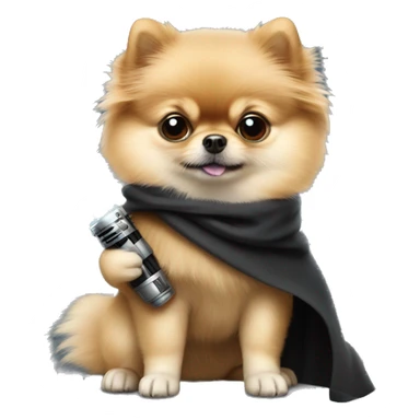Pomeranian dressed as Luke Skywalker holding a lightsaber sticker