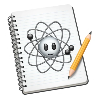 open notebook with an atom symbol on the page sticker