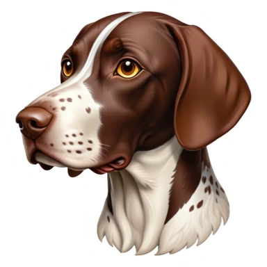 Cinematic German Pointer Portrait Emoji, Elegant and alert, sleek brown and white tones, Simplified yet sharp features, highly detailed, glowing with a warm, confident glow, high shine, intelligent and poised, stylized with an air of grace, focused and attentive, soft glowing outline, capturing the essence of agility and loyalty, so lifelike it feels as though it could spring into motion at any moment! sticker