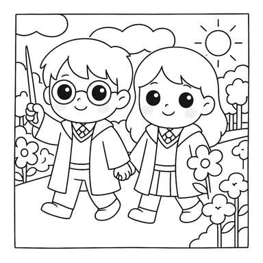 Make Harry Potter and Gina Weasley even cuter with bigger eyes, sweeter expressions, rosy cheeks, and delicate details, while maintaining the same simple line art style and the original background scene. sticker