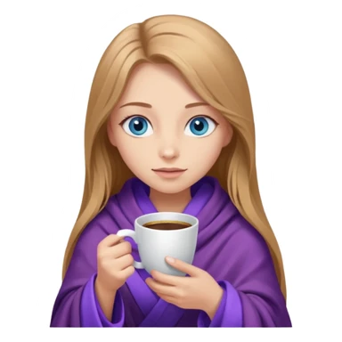 A girl with blue eyes, long eyelashes, very long light brown hair, inside a purple blanket with coffee sticker