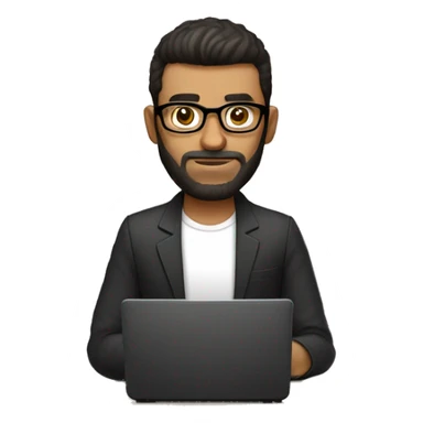 Persona, hombre, 33 años, lentes con marco negro, cabello corto, ojos marrones, barba de 3 dias, detras de una mesa con un ordenador sticker