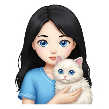 Asian girl with black hair holding a fluffy ragdoll cat with blue eyes and colorpoint fur sticker