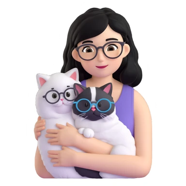 Skinny woman with oval glasses, shoulder length straight black hair, wearing white sleeveless top, hugging a Persian-Angora cat that's gray and white like Oreo cookies, plain background sticker