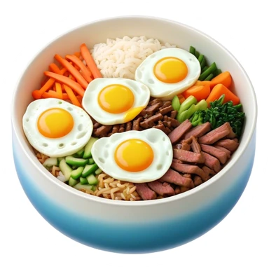 Cinematic Realistic Bibimbap Dish Emoji, showcasing a colorful bowl of mixed rice, assorted vegetables, beef, and a fried egg rendered with lifelike detail and vibrant, harmonious lighting. sticker