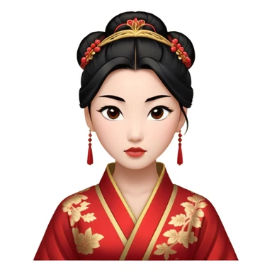 Cinematic Realistic Majestic Mulan Portrait, featuring finely rendered light skin with natural luminescence and expressive, determined eyes. Her black hair is styled with care into an elegant bun, and every fold of her traditional robe—adorned with subtle red motifs and refined gold trim—is depicted with intricate fabric detail. The scene is bathed in soft, natural light that enhances the depth and authenticity of the image, conveying a noble and serene aura that embodies timeless elegance and inner fortitude. sticker