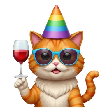 happy cat with a giant rainbow party hat, black sunglasses, and a wine glass sticker