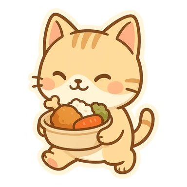 cute and clear cat carrying food, chibi stickers style, adorable and sharp sticker