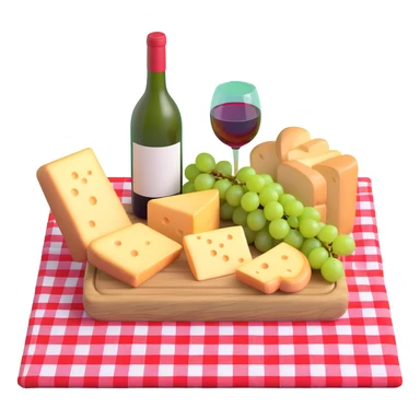picnic with cheese, bread, grapes and wine on a red and white checkered blanket sticker