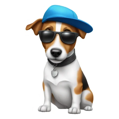 Jack Russel with square sunglasses and a cap sticker