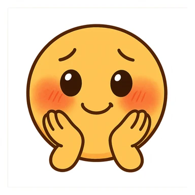 cute emoji, round face, shy smile, hands on cheeks, blushing sticker