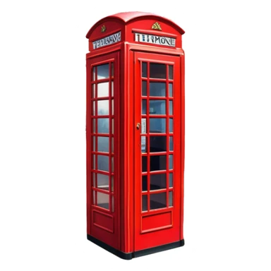 Cinematic Realistic depiction of an iconic red telephone box, rendered in vivid, saturated colors with detailed textures and reflective surfaces, set on a classic English street under soft, diffused daylight sticker