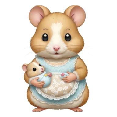 Mama white pretty hamster girl wearing lace dress holding a baby hamster wearing nappy and dummy sticker
