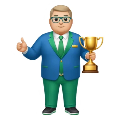 full body white obese male basketball coach with trophy. Wearing glasses and blue and green suit sticker