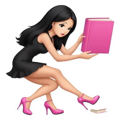 Bimbo in heels in black mini dress, long black hair tanned skin, pick up pink book from ground, sticker