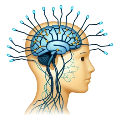 An icon featuring a human head silhouette with circuit patterns, a glowing brain, and neural network nodes, symbolizing artificial intelligence. The design includes data flow lines and robotic elements, representing machine learning and advanced computation. Transparent background sticker