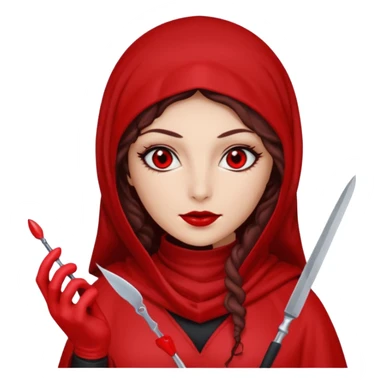 Lilith scalpel in hand, evil surgeon outfit.  She has red eyes. She has dark brown curly hair. Hair is long . Wears sexy doctor outfit with red gloves. Clears, mouth with Muslim red burka sticker