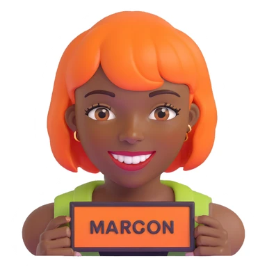 dark skinned Black woman with orange bob wig like Chucky's hair, visible plaque on her teeth sticker