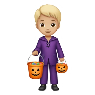child trick-or-treating in a Halloween costume, holding a candy bucket sticker