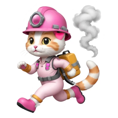 A cute white and pink cat dressed as engineer with a helmet running fast with smoke under her feets sticker