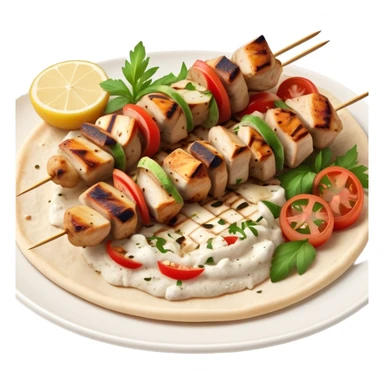 cinematic-realistic-souvlaki-dish-emoji,-showcasing-skewered,-2 grilled-chicken-with-mediterranean-spices-rendered-with-dynamic-textures-and-warm,-appetizing-lighting on pita bread on a plate sticker