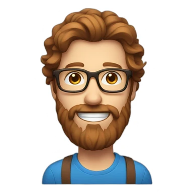 a Scandinavian man with blue eyes long and brown hair and a beard and red glasses and a big smile sticker