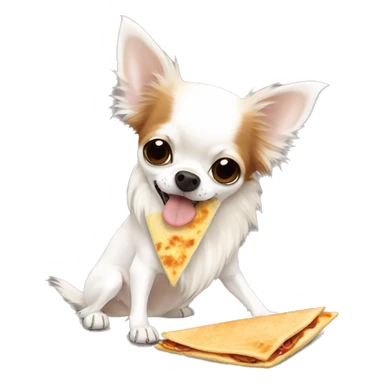 Long-haired white Chihuahua with reddish-brown markings eating a quesadilla sticker
