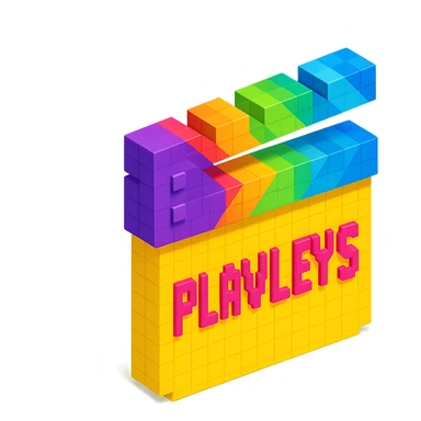 isometric view of a movie clapperboard with the text 'PLAVLEYS' written on it, voxel style sticker