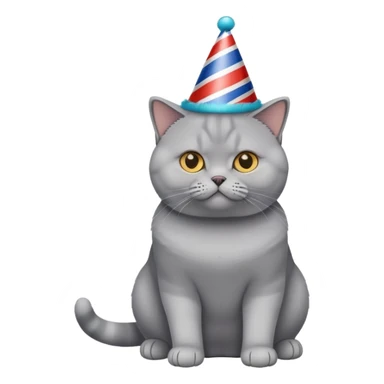 British Shorthair cat full body sitting with a party hat sticker