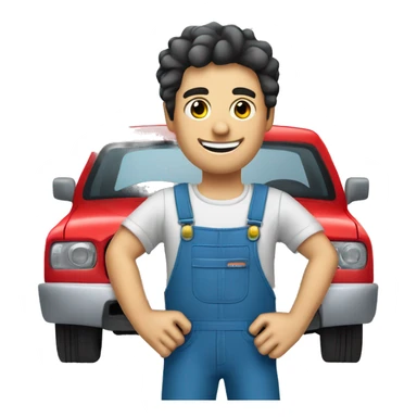 car mecanic, really happy, dark eyes, dark hair and pale skin, holding a screwdriver on hand. For clothes wearing blue overalls sticker
