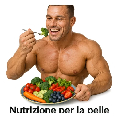 bodybuilder eating fruits and vegetables to prevent wrinkles, hyper realistic style, well visible muscles, colorful plate, text 'Nutrizione per la pelle', positive atmosphere, white background sticker